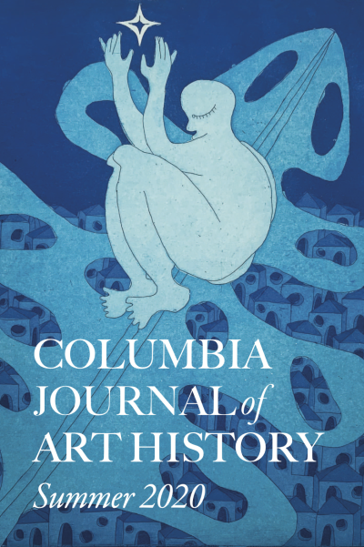 Abstract drawing of a figure in a fetal position, holding a star above their head, against a blue background of building shapes. White text reads "columbia journal of art history; summer 2020"