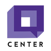 Purple abstract "Q" logo, over black text that reads "Center."