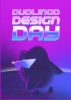 Flyer depicting an illustration of a purple owl wearing geometric, reflective sunglasses against a purple and pink gradient background with a grid floor. Sans serif text above reads "Duolingo Design Day".