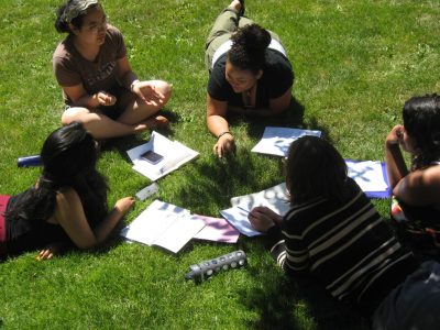 Group of students sitting or lying in a grass working on assignments and chatting.