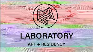 Computer-glitch textures background in a rainbow of colors, with a black circle logo featuring intertwined letters - "L", "A", and "R." Text underneath reads "Laboratory; Art + Residency."