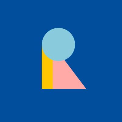Blue background with peach, yellow, and light blue abstract shapes, which come together to form an "R."