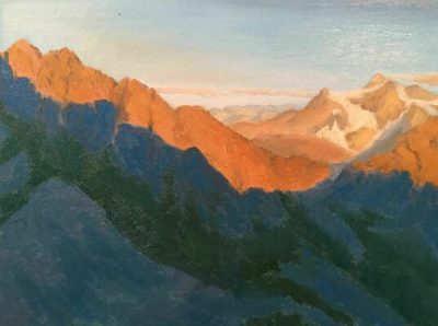 Oil painting of a mountain range at dawn, the sun rising and casting a shadow in the foreground.