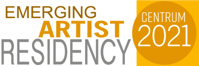 Yellow and grey text that reads "Emerging Artist Residency" on white background. Yellow circular logo to the right reads "Centrum 2021"