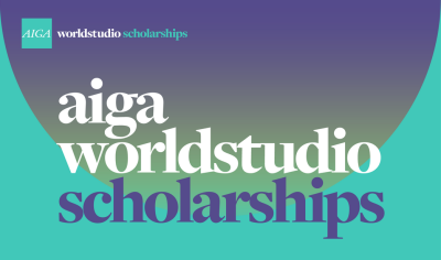 Purple and green gradient background, with text in top left corner reading "AIGA" in a teal square. Text to the right reads "worldstudio scholarships" in white and teal. Large bold serif text in center reads "aiga worldstudio scholarships"