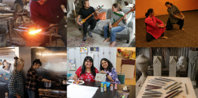 Photo montage of different crafts people at work. Top row left to right: someone forging metal; two people with stringed instruments on a couch; two people in the middle of performing a dance. Bottom row, left to right: Two people in a kitchen setting, one of them putting something into a pot on a stove; two people seated at a table with painting supplies, showing off a drawing; view of a clay workstation with tools and clay set out.