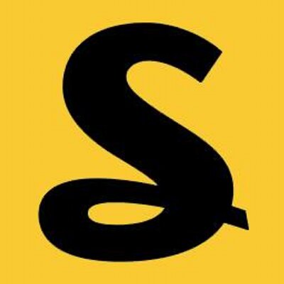 Bold, black cursive "S" against a yellow background