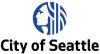 Vector logo in white and blue of the facial profile of Chief Si'ahl. Text below in black reads "City of Seattle."
