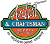 circular red logo with green and black border and blue text box. Text reads "Artist & Craftsman Supply Est 1985" in white in the circle. Black text below reads "an employee-owned company."