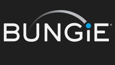 Black background with sans serif white font reading "BUNGIE." There is a curved, gestural line swooping over the word starting at the "U" and ending at the dot on the "I"