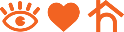 Orange vector icons, left to right: eye with eyelashes, heart, lowercase 'h' with a house roof over it.
