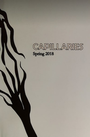 White background with an graphic, black tendril-like shape crossing over the left side. Black and white outlined text reads "Capillaries." Black text below that reads "Spring 2018"