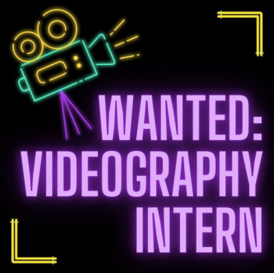 A drawing of a reel film video camera drawn to look like a neon sign against a black background. Glowing purple text reads "Wanted: Videography Intern"