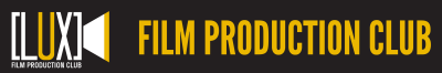 Yellow text on a black background reads "Film Production Club." To the left is a white and yellow logo of the word "LUX" surrounded by a video film camera with the text "Film Production Club" again in white underneath.