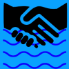 Two black, vector-drawn hands shake on a light blue background, above a series of darker blue squiggle lines meant to suggest water.