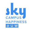 Blue text logo that reads "Sky campus happiness @ UW" in bold sans serif font