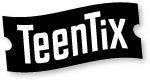 Graphic shape of a movie ticket stub, with the text "Teen Tix" written in white font over it.
