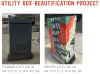 Text at the top in orange sans serif reads, "Utility Box Beautification Project." Two utility boxes are shown; the one on the left is a plain, black utility box. Text underneath reads, "standard utility box on NW 57th St & 24th Ave NW." Utility box on the right features illustrated artwork of a squid tentacle wrapped around a sign. Text below that reads "Wrapped utility box on NW 57th St & 24th Ave NW"