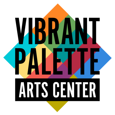 Diamond shape comprised of smaller rectangles of varying colors behind black and white text that reads "Vibrant Palette Arts Center"