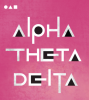 White and black text over a textured pink background reads, "Alpha Theta Delta". In the upper left corner is a small logo of three white symbols in a line (circle, triangle, square)