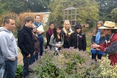 Group of ten people gather around a plant specimen in a harden setting. One person is giving a talk or lecture.