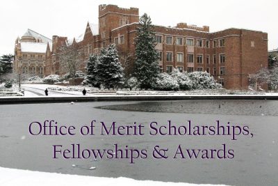 Snow covered brick university building, with the text "Office of Merit Scholarships, Fellowships, & Awards" in purple over the bottom of the image.