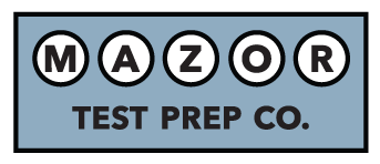 The word "Mazor" is spelled out in white and black circles (similar to standardized test bubbles). Text below reads "Test Prep Co." on a blue background.