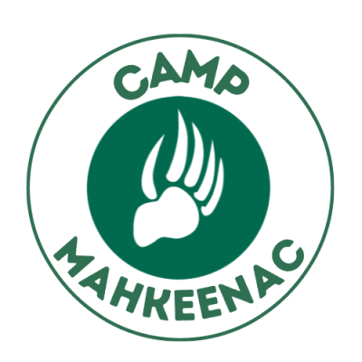 green circular logo with a bear claw in the center and the text "Camp Camp Mah-Kee-Na" around the outside.