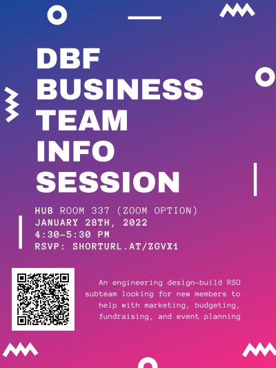 Purple and pink gradient background with white text and white circle, zigzag and dash symbols surrounding the text. Text reads "DBF Business Team Info Sessions" with date and Zoom links included (see text of posting for links)