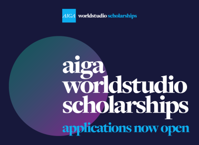 Purple square with a purple and green gradient circle. White and blue text reading "AIGA Worldstudio Scholarships; applications now open"