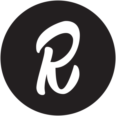Black circle with a cursive white letter "R" in the center