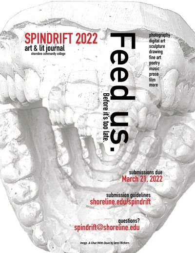 Poster calling for submissions of visual, audio, video, and literary arts for Spindrift Journal.