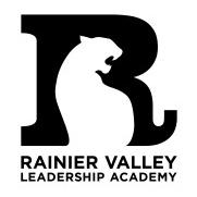 Large black letter "R" with a silhouette of a jaguar in the center. Text below reads "RAinier Valley Leadership Academy"