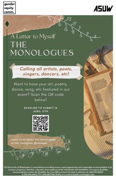 Poster sharing details about an art event called "The Monologues" call for work