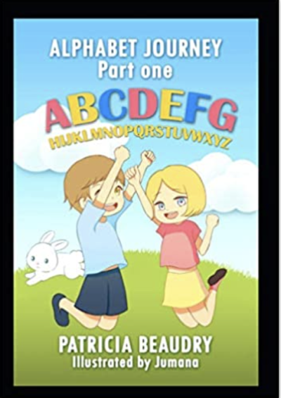 Illustrator book cover featuring two children leaping into the air. The title is "Alphabet Journey, Part One"