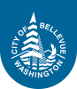 Blue logo featuring graphic tree and water with the text "City of Bellevue, Washington" in a circle around it.