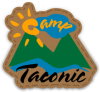 Vector logo of a mountain with sun and river, with yellow and black text reading "Camp Taconic"