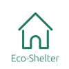 Green outline of a house with green text below reading "Eco-Shelter", on a white background