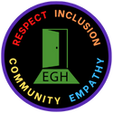 Black logo with green doorway, with rainbow words circling the image that read "Respect, Inclusion, Community, Empathy"