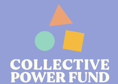 Purple background with orange triangle, teal circle, and yellow square vector images. White text below reads "Collective Power Fund"
