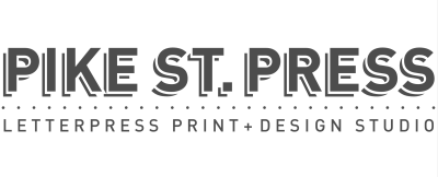 black and white text logo that reads "Pike St. Press - Letter Press Print + Design Studio"
