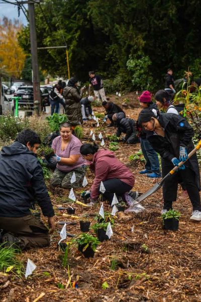 Group of people working in an urban garden together