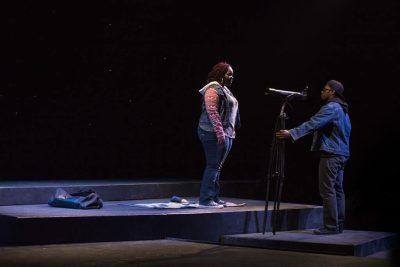 Theater stage with two actors in spotlights