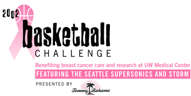 Logo - 2002 Basketball Challenge - Benefiting breast cancer care and research at UW Medical Center - FEATURING THE SEATTLE SUPERSONICS AND STORM - presented by Tommy Bahama