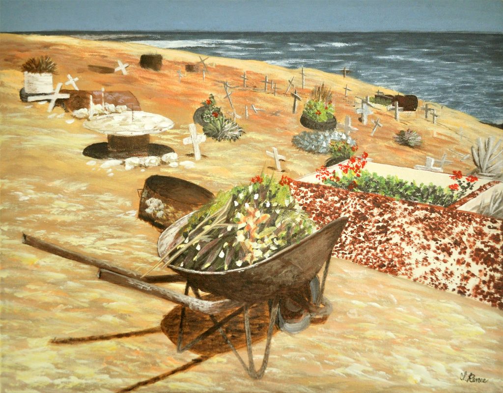 A painting of a pet graveyard overlooking the ocean