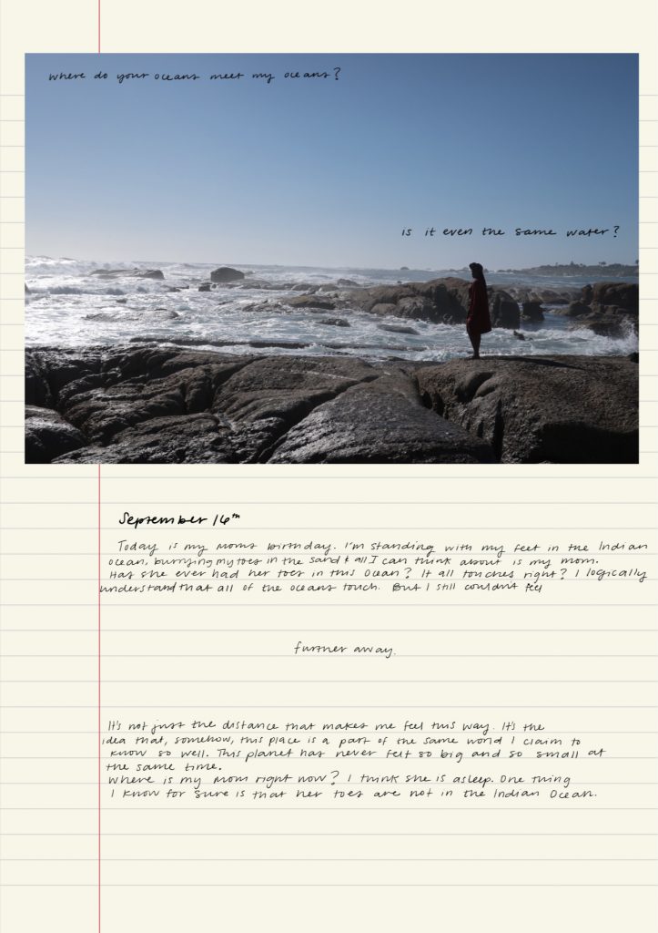 A page of a handwritten journal with a photograph of a person standing by the ocean