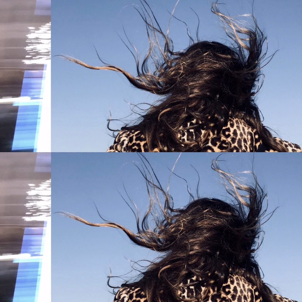 back of woman's head with hair blowing in wind