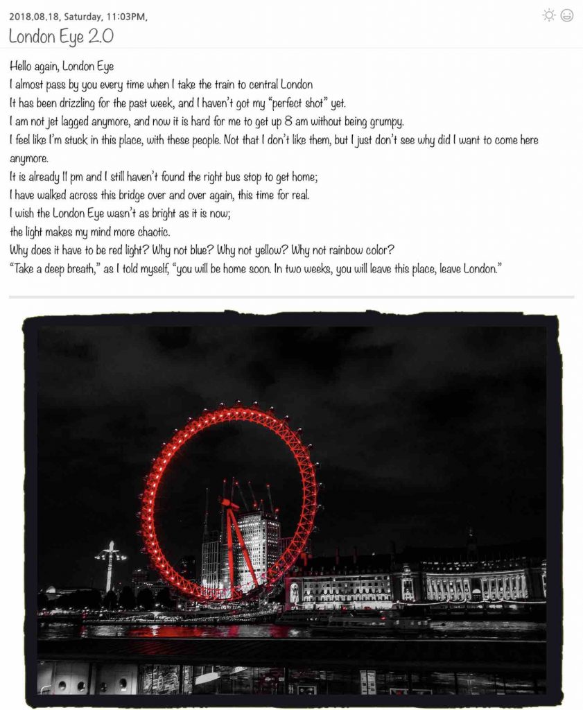 Text and image of London Eye at night