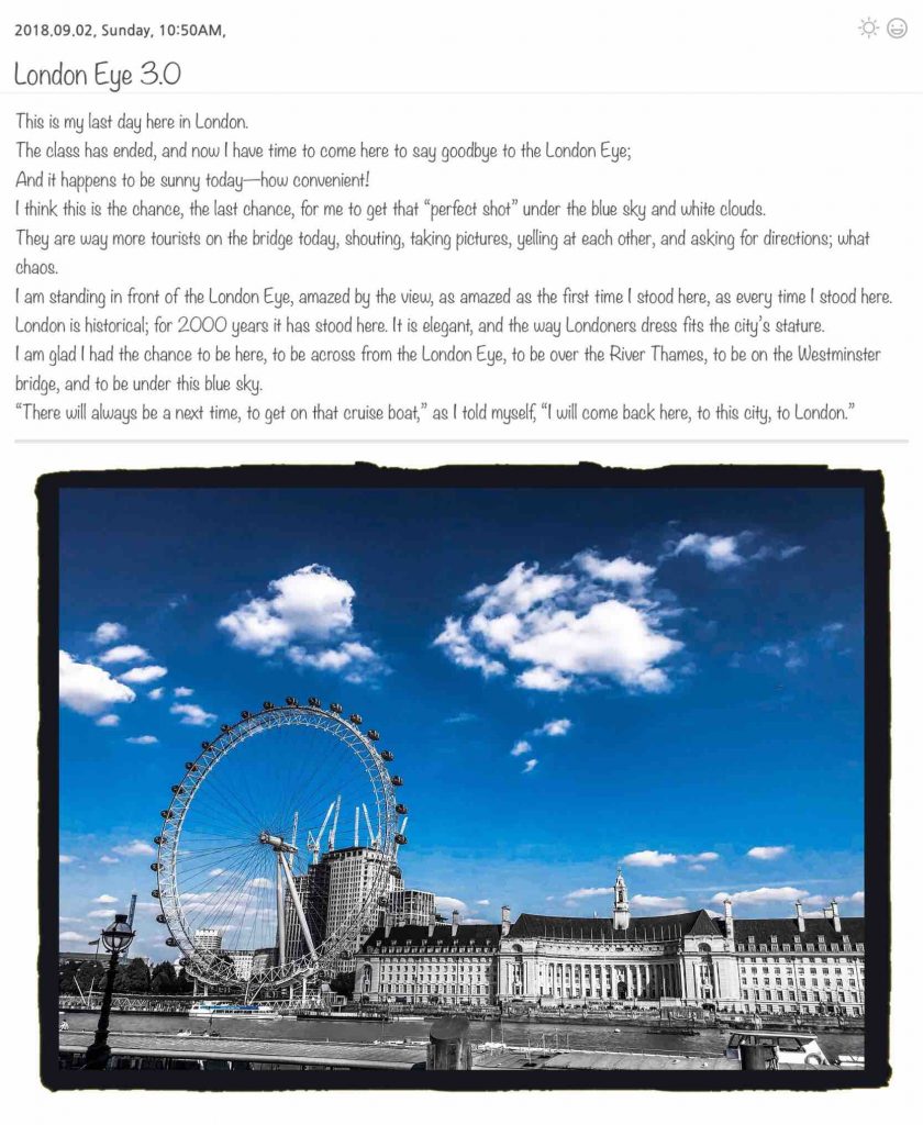 Text and image of London Eye with blue sky