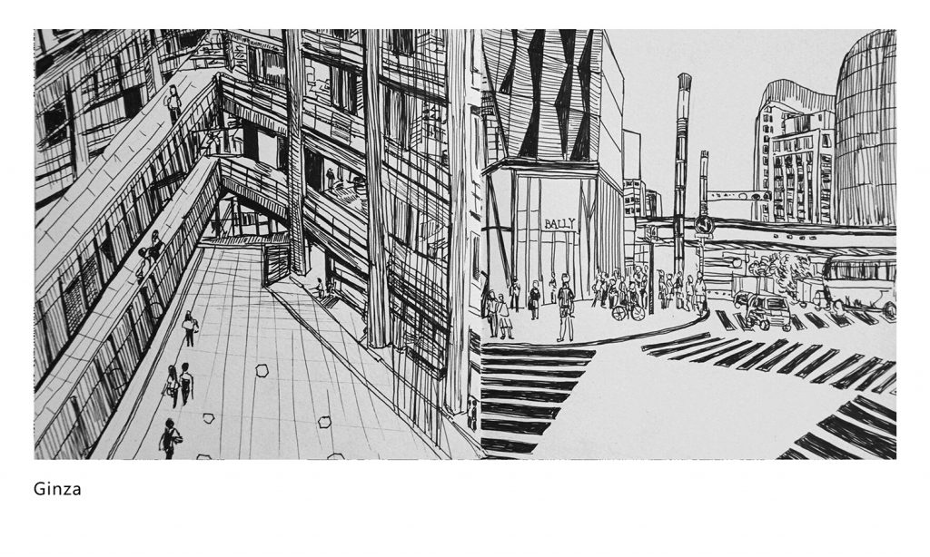 A drawing of two streetscapes in Japan